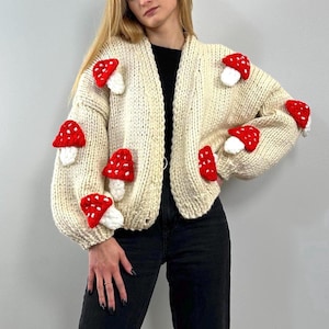 3D Mushrooms Knitted Crop Cardigan, Milky White Oversized Bomber, Chunky Knitwear with Big Fly Agaric, Present for Girl Woman Wife