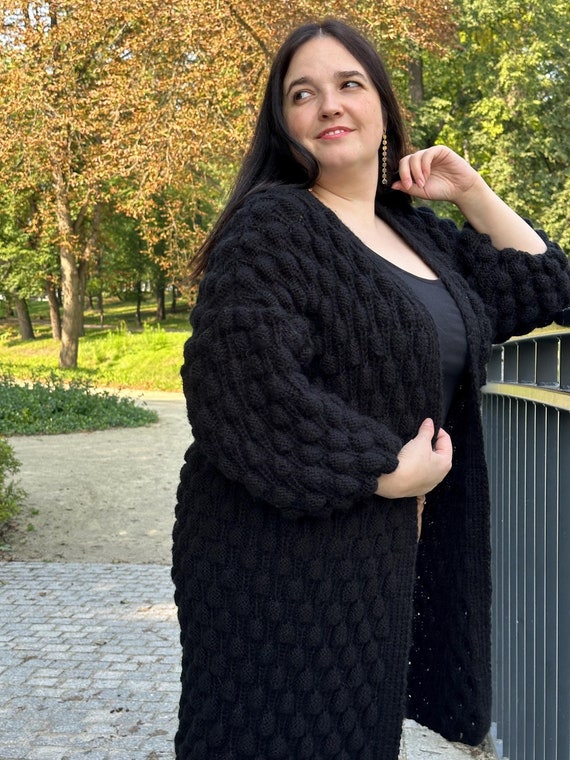 Cardigan Lungo Donna Con Cappuccio E Scollo A V - Maglia Oversize Morbida, Autunno Inverno, Taglie Forti