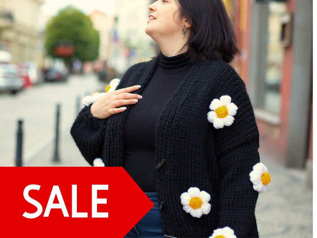 Yellow Stitch Flower Pom-Pom Knit Cardigan - Retro, Indie