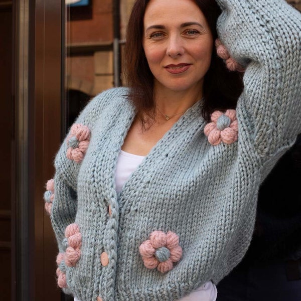 Crochet floral cardigan, Chunky knit cardigan, Chunky flower cardigan, Trendy crochet sweater, Daisy cardigan, Mother day gift