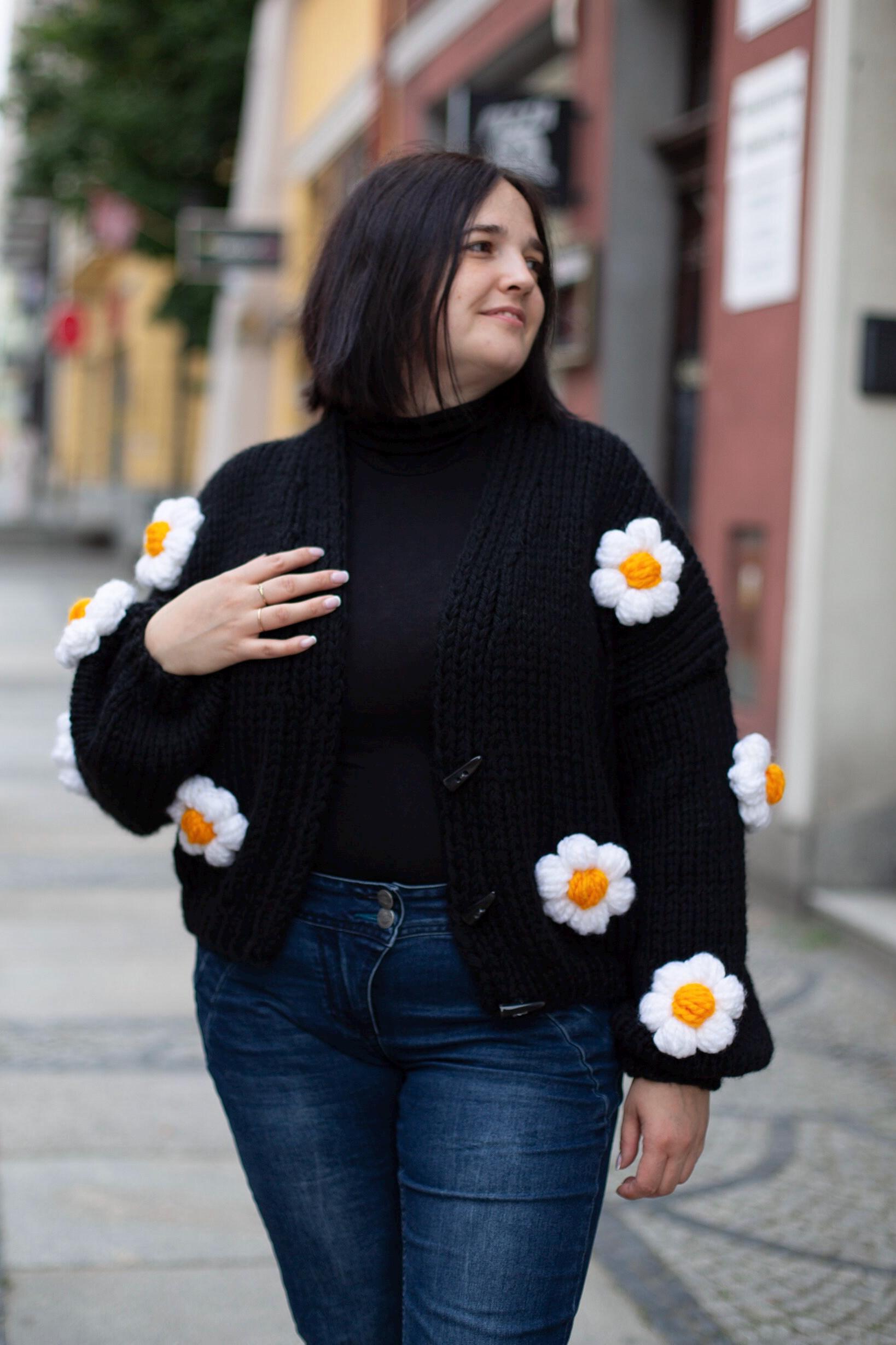 Floral Summer Cardigan With 3D Flowers, Daisy Chunky Black