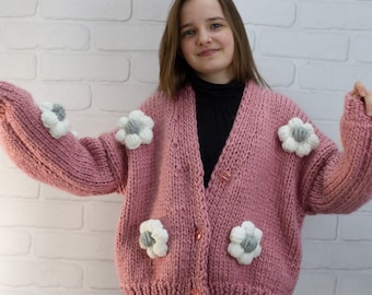 3D Flower Cardigan, Cottagecore Top, Pink Daisy Knit Cardigan, Handmade Floral Sweater, Bloom Knit Jacket, Oversized Chunky Knitwear