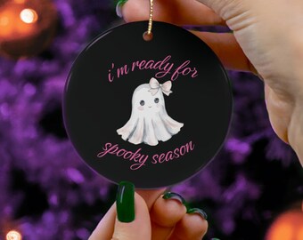 Cute Halloween Ceramic Ornament, Cute Ghost Ornament, Spooky Season Ornament, Black and Pink Halloween Decoration, Halloween Decor, Ghost