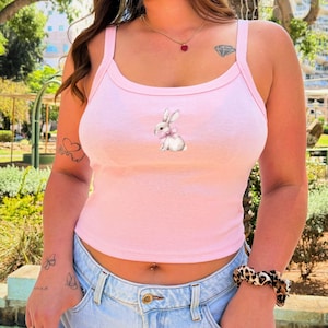 Cute Bunny Pink Tank Top, 2000s Tank Crop Top, Pink Aesthetic Top, Trendy Bow Crop Top, Ribbon Summer Top, Pink Bunny With Bow Shirt
