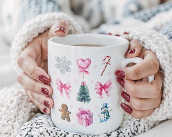 Christmas Bow Coffee Mug, Cute Pink Coffee Cup, Holiday Mug, Christmas Decoration Cup, Holiday Tea Cup, Pink Christmas Ceramic Mug
