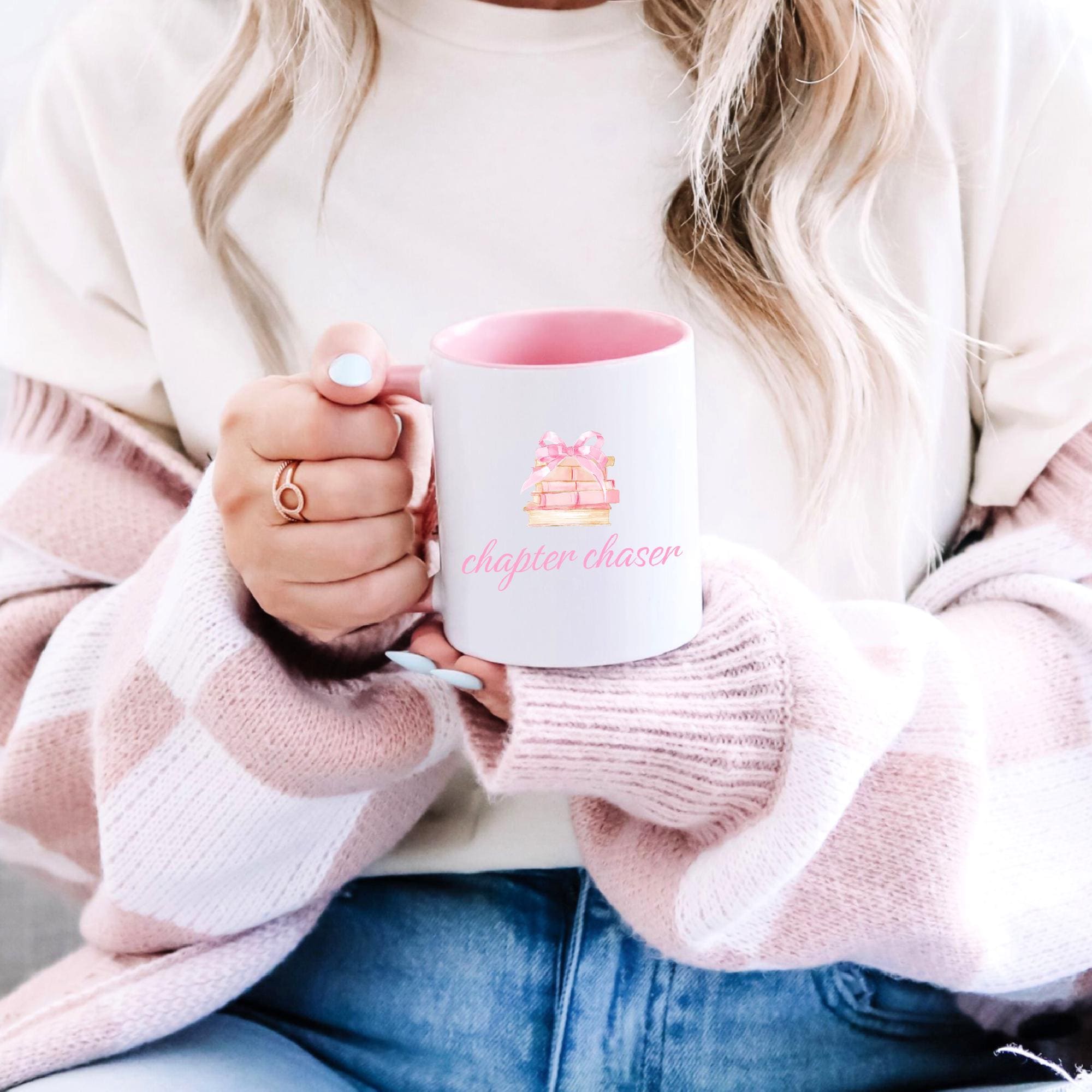 Chapter Chaser Coffee Mug, Bookworm Gift for Reader, Book Lover Gifts For Women, Pink Book Lover Mug, Cute Pink Bow Mug