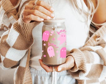 Vaso de café fantasma rosa: Taza de café helado de Halloween espeluznante (16 oz)