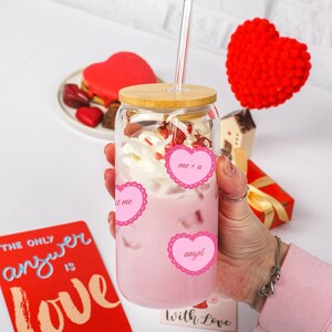 Valentine&#39;s Sipper Glass, Candied Hearts Cup, Pink Holiday Glass, Sweethearts Iced Coffee Cup, Pink Red V-Day Cup, Gift for Her, Pink Cup