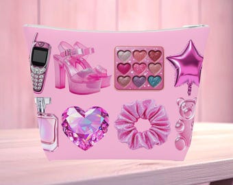 Pink Y2K Cosmetic Bag, Cotton Makeup Travel Pouch