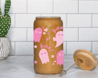 Cute Pink Ghost Coffee Glass, Pink Halloween Sipper Glass, Spooky Iced Coffee Cup, Ghost Beer Can, Cottagecore Fall Cup, Pink Fall Cup 16oz