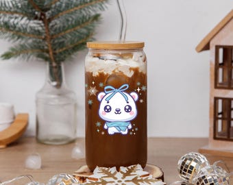 Cute Polar Bear Cup, Christmas Iced Coffee Glass, Holiday Coffee Cup, Winter Sipper Glass, Christmas Home Decor Cup, Winter Holiday Decor