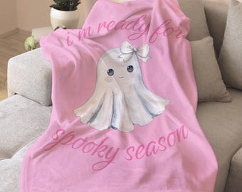Coperta rosa di Halloween, coperta fantasma carina, coperta in microfibra di velluto rosa per le feste, coperta di velluto per la stagione spettrale, morbida coperta rosa