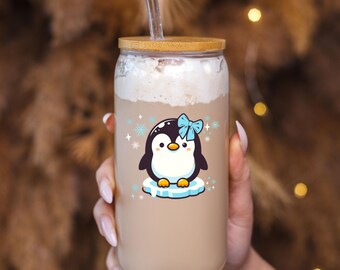 Christmas Penguin Iced Coffee Glass, 16oz Sipper Cup