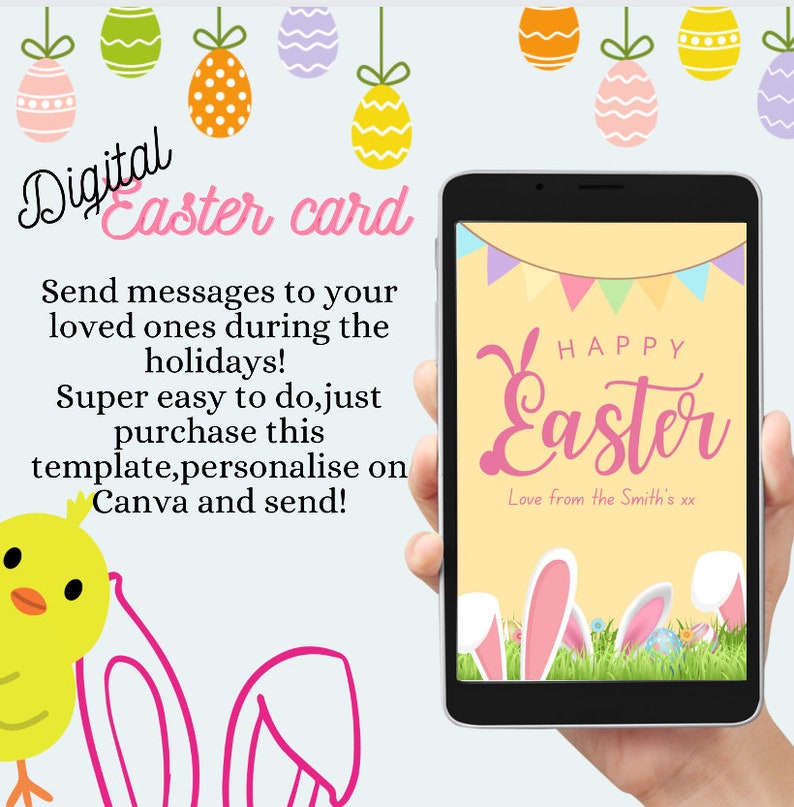 K&ouml;nnte beinhalten: Eine digitale Osterkartenvorlage auf dem Bildschirm eines Smartphones. Die Karte hat einen gelben Hintergrund mit einer Girlande aus bunten Flaggen, dem Text "Frohe Ostern" in rosa Schrift und Hasenohren, die hinter gr&uuml;nem Gras hervorschauen. Der Text "Love from the Smith's xx" befindet sich am unteren Rand der Karte.