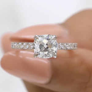 2 Cttw Cushion Moissanite Diamond Engagement Ring, 14K Solid White Gold Hidden Halo Pave Wedding Anniversary Gift Ring for Women
