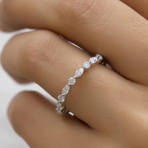 Moissanite Diamond Wedding Band: Marquise & Round Cut, Sterling Silver Full Eternity