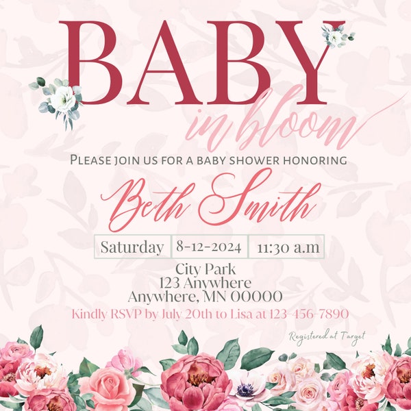 Rose Style Baby in Bloom baby shower invite with matching baby production