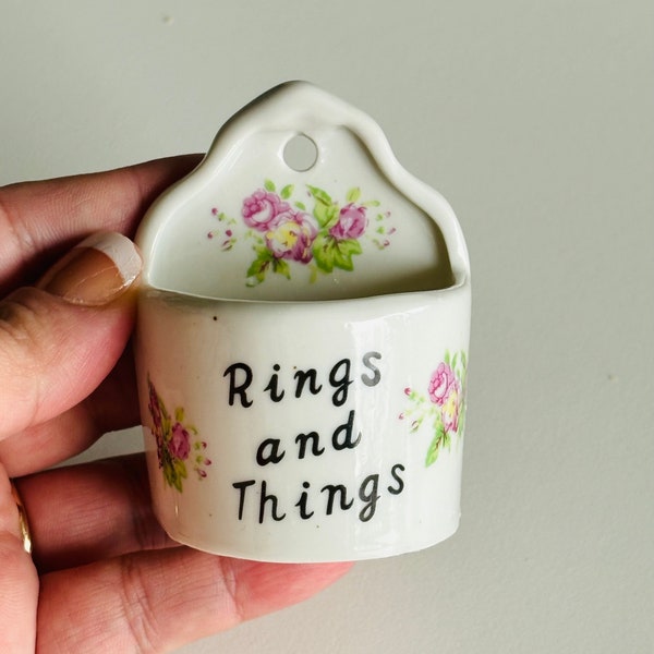 Vintage TRINKET RINGS & THINGS Porcelain Holder, Wall or Countertop, Gifts for Her, Housewarming Gift Inspiration, Farmhouse