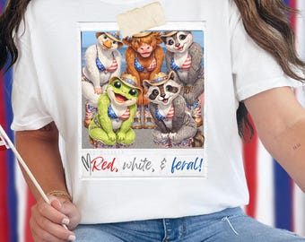 Camiseta unisex teñida en prenda, roja, blanca y salvaje, divertida camiseta del 4 de julio, camiseta patriótica de animales, camiseta de vaquera de EE. UU., camiseta roja, blanca y azul, Co