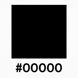 Puede incluir: Un cuadrado negro sobre un fondo blanco con el c&oacute;digo de color hexadecimal #00000 debajo. El c&oacute;digo de color est&aacute; en negrita, en una fuente sans-serif.
