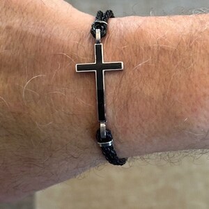 COLORFUL BLING Men's Leather & Stainless Steel Cross Cuff Bangle - Magnetic Clasp Faith Bracelet - View #9