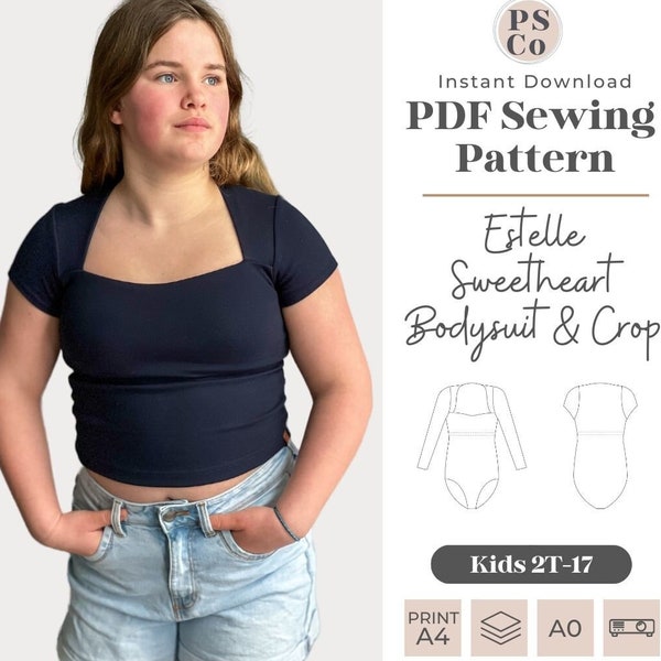 Kids Estelle Sweetheart Bodysuit & Crop | PDF Sewing Pattern | Crop Top | Bodysuit | Sweetheart Neckline | Tween Sewing Pattern