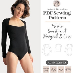 May include: A black long-sleeved bodysuit with a square neckline and a lace trim. The bodysuit is shown on a model. The image also includes a line drawing of the bodysuit and a crop top version of the garment. The text "Estelle Sweetheart Bodysuit & Crop" and "Adult XXS-5X" is included in the image.