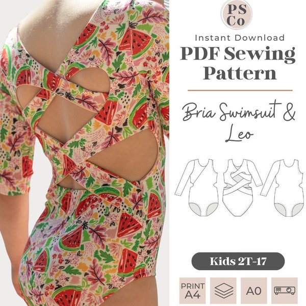 Kids Bria Swimsuit & Leo | PDF Sewing Pattern | Crossback Straps | Swim Suit | Leotard | Tween Sewing Pattern | Kids Sewing Pattern