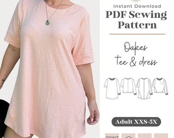 Adult Oakes Tee & Dress Sewing Pattern | Plus Size XXS-5X (PDF Pattern)