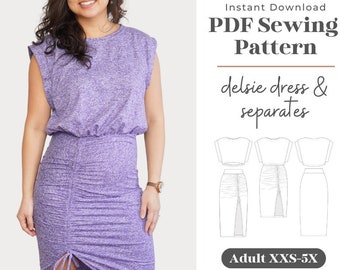 Adult Delsie Dress & Separates Sewing Pattern | Boxy Top, Ruched Skirt (PDF Pattern)