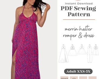 Adult Halter Romper & Dress Sewing Pattern | Front Slit Maxi (PDF Pattern)