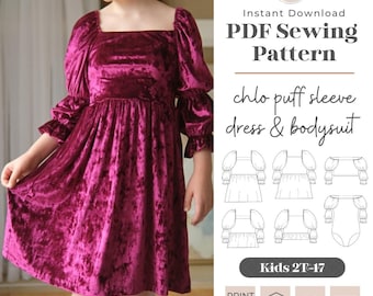 Kids Chlo Puff Sleeve Dress & Bodysuit PDF Sewing Pattern (Sizes 2T to 17 Tween)