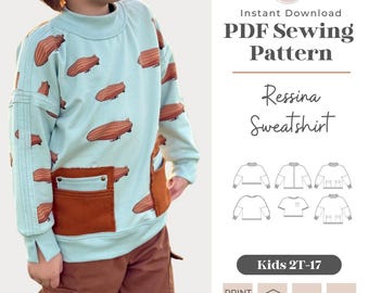 Kids Ressina Sweatshirt Sewing Pattern | Mock Neck, Exposed Seams (PDF Pattern)