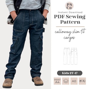 Kinder Calloway Cargohose | PDF Schnittmuster | Reißverschluss Hose | Dünne Passform | Gewebte Hose | Taschen | Tween Schnittmuster | Kinder Nähen