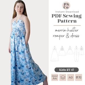 May include: A digital PDF sewing pattern for a halter romper and dress for children sizes 2T-17. The pattern includes instructions for printing on A4 or AO paper. The image shows a child wearing a blue and white floral halter dress.