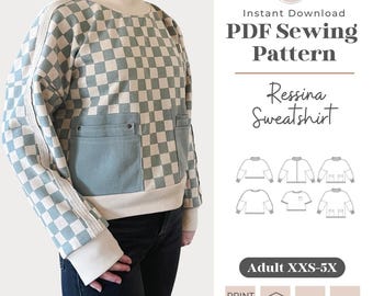 Adult Ressina Sweatshirt Sewing Pattern | Mockneck, Pockets (PDF Pattern)