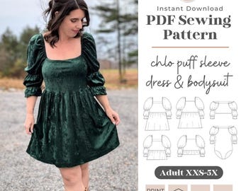 Chlo Puff Sleeve Dress & Bodysuit Sewing Pattern | Square Neck, Adult XXS-5X (PDF Pattern)