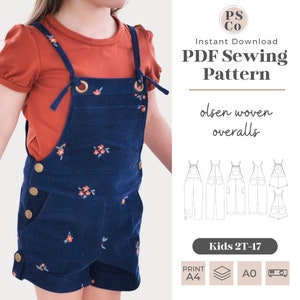 May include: A PDF sewing pattern for woven overalls for kids sizes 2T-17. The pattern includes instructions for making the overalls with a floral print. The pattern is available for instant download and can be printed on A4 or AO paper.