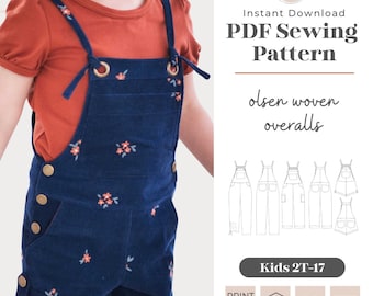 Kids Olsen Overalls Sewing Pattern | Shortall, Tween Sizes 2T-17 (PDF Pattern)