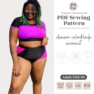 Puede incluir: Un patrón de costura PDF para un traje de baño de colorblock, llamado Dawson. El patrón está disponible en tallas XXS-5X y se puede imprimir en papel A4 o AO. La imagen muestra a una modelo usando el traje de baño en negro, rosa y fucsia.