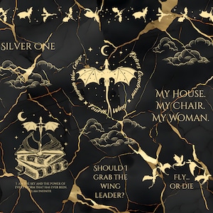 Könnte beinhalten: Ein digitaler Kunstdruck in Schwarz und Gold mit einem Drachen, Sternen und Wolken. Der Text "Silver One" befindet sich oben im Bild. Der Text "Basgiath War College, Fourth Wing, Riders Quadrant" befindet sich in einem Kreis um den Drachen. Der Text "My House. My Chair. My Woman." befindet sich auf der rechten Seite des Bildes. Der Text "Should I grab the wing leader?" befindet sich unten im Bild. Der Text "Fly... or-die" befindet sich auf der rechten Seite des Bildes. Der Text "I am the sky and the power of every storm that has ever been. I am infinite" befindet sich unten links im Bild.