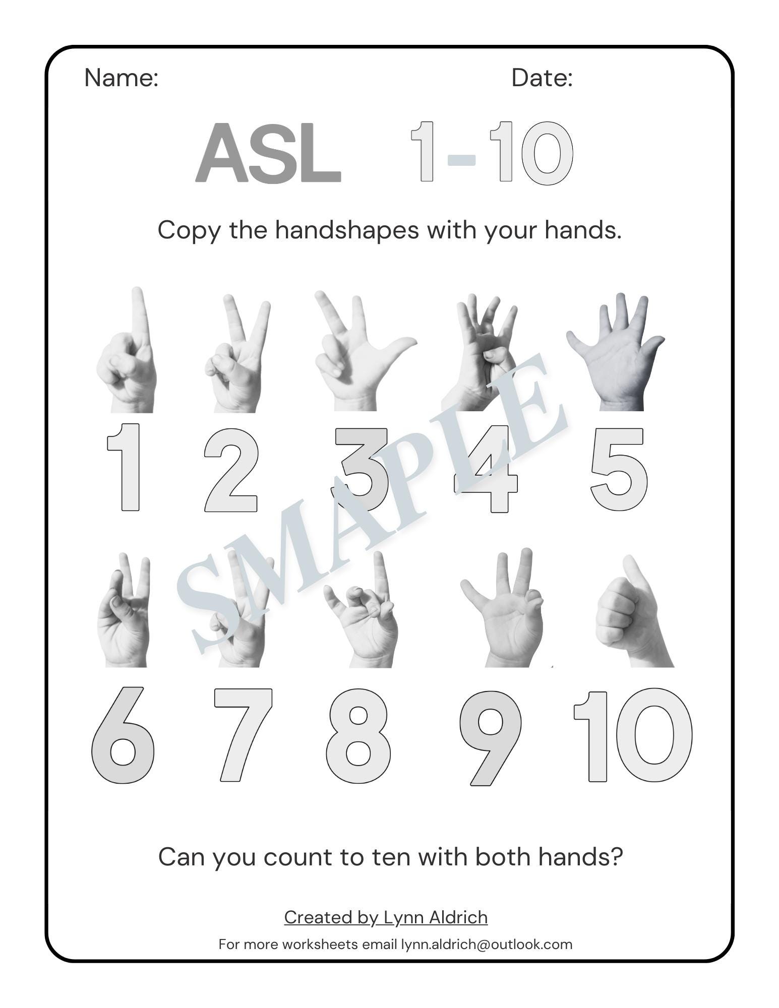 ASL and English Kids Worksheet Counting 1-10 in Sign Language; Number ...