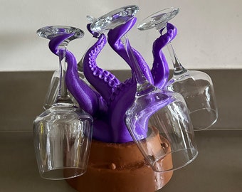 Captivating Purple Octopus Wine Glass Holder, Artistic Countertop Storage, Holds 4 Glasses, Nautical Theme Bar Accessory