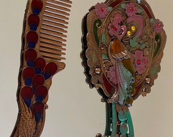 2 pcs set vintage hand mirror and comb,peacock  mirror comb set,small handheld mirror,vintage mirror,gift mirror,makeup mirror,pocket mirror