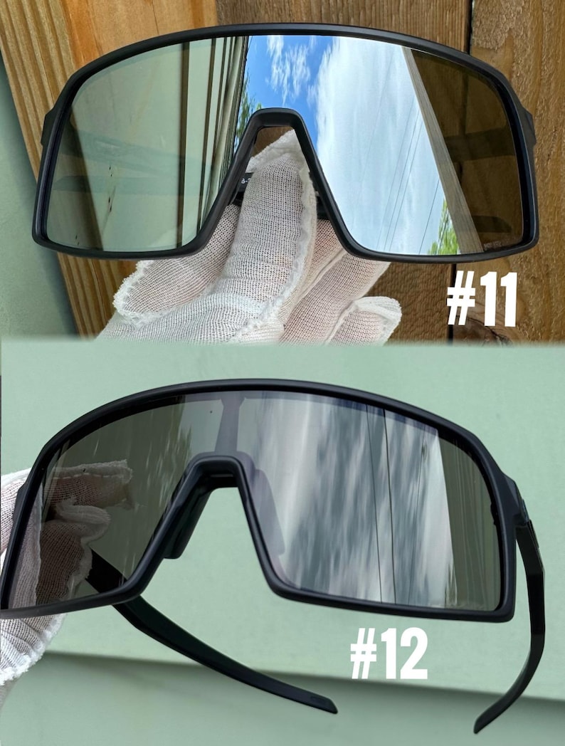 May include: Two pairs of black sport sunglasses. The lenses are tinted and reflect the sky. The frames are thick and wrap around the face. The number "#11" is printed in white on the bottom right of the top pair. The number "#12" is printed in white on the bottom right of the bottom pair.