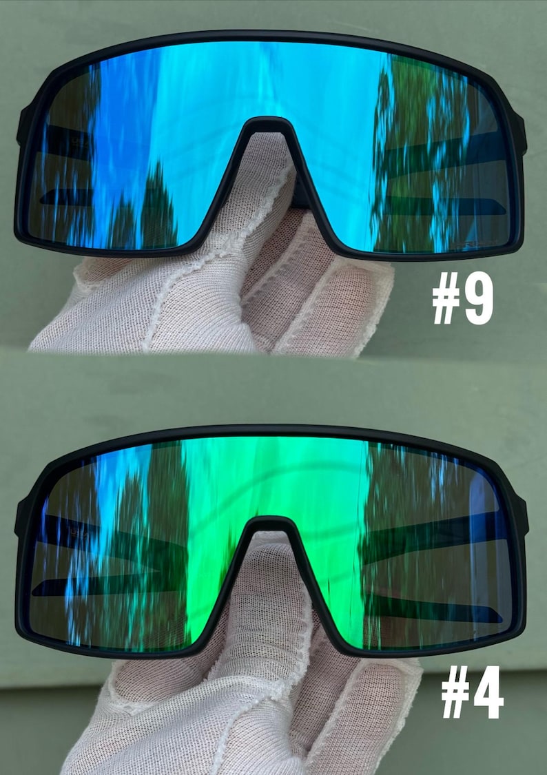 May include: Two pairs of black-framed sunglasses with mirrored lenses. One pair has blue lenses, the other green. The sunglasses have a distinctive, sporty design. The numbers "#9" and "#4" are printed on the image.