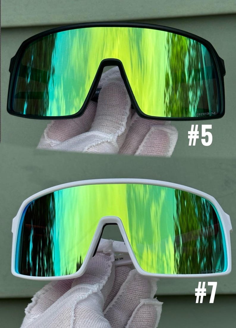 May include: Two pairs of sports sunglasses. One pair has a black frame with green and yellow lenses, labeled #5. The other pair has a white frame with green and yellow lenses, labeled #7. Both pairs have a modern, wraparound design.