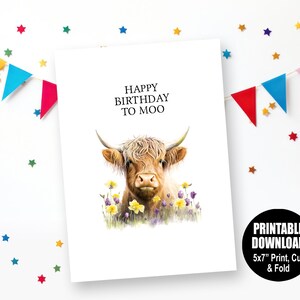 Cartão de aniversário para impressão da vaca das montanhas