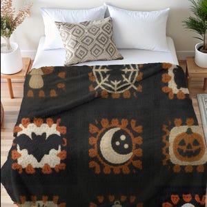 Faux Crochet Halloween Granny Square Blanket, Cozy Spooky Season Throw Featuring Ghosts, Bats, Pumpkins & More. Cottagecore Fall aesthetic
