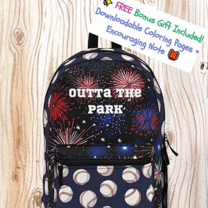 Outta the Park Baseball Backpack for Back to School, Fireworks and Baseball Design, Sports School Bag, Patriotic Kid Backpack,Back to School
